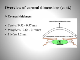 Overview of corneal dimensions (cont.)
 Corneal thickness
• Central 0.52 - 0.57 mm
• Peripheral 0.66 - 0.76mm
• Limbus 1.2mm
 