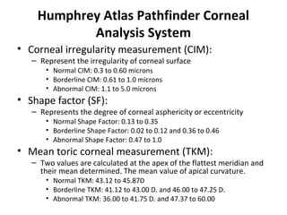 Humphrey Atlas Pathfinder Corneal
Analysis System
• Corneal irregularity measurement (CIM):
– Represent the irregularity of corneal surface
• Normal CIM: 0.3 to 0.60 microns
• Borderline CIM: 0.61 to 1.0 microns
• Abnormal CIM: 1.1 to 5.0 microns
• Shape factor (SF):
– Represents the degree of corneal asphericity or eccentricity
• Normal Shape Factor: 0.13 to 0.35
• Borderline Shape Factor: 0.02 to 0.12 and 0.36 to 0.46
• Abnormal Shape Factor: 0.47 to 1.0
• Mean toric corneal measurement (TKM):
– Two values are calculated at the apex of the flattest meridian and
their mean determined. The mean value of apical curvature.
• Normal TKM: 43.12 to 45.87D
• Borderline TKM: 41.12 to 43.00 D. and 46.00 to 47.25 D.
• Abnormal TKM: 36.00 to 41.75 D. and 47.37 to 60.00
 