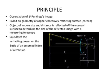 PRINCIPLE
• Observation of 1st
Purkinge’s Image
• Based on geometry of aspherical convex reflecting surface (cornea)
• Object of known size and distance is reflected off the corneal
surface to determine the size of the reflected image with a
measuring telescope
• Calculates the
refracting power on the
basis of an assumed index
of refraction
 