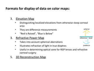 Formats for display of data on color maps:
3. Elevation Map
• Distinguishing localized elevations from otherwise steep corneal
area
• They are difference measurements
• “Red is Raised”, “Blue is Below”
3. Refractive Power Map
• Takes into account spherical aberrations
• Illustrates refraction of light in true dioptres
• Useful in determining optical zone for RGP lenses and refractive
corneal surgery
5. 3D Reconstruction Map
 