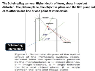 Scheimflug
intersection
The Scheimpflug camera. Higher depth of focus, sharp image but
distorted. The picture plane, the objective plane and the film plane cut
each other in one line or one point of intersection.
 