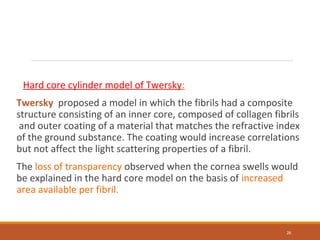 Hard core cylinder model of Twersky:
Twersky proposed a model in which the fibrils had a composite
structure consisting of an inner core, composed of collagen fibrils
and outer coating of a material that matches the refractive index
of the ground substance. The coating would increase correlations
but not affect the light scattering properties of a fibril.
The loss of transparency observed when the cornea swells would
be explained in the hard core model on the basis of increased
area available per fibril.
26
 