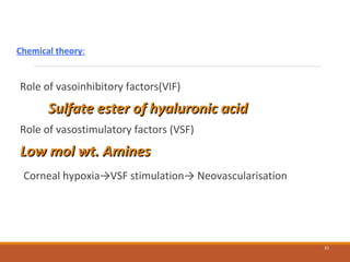 Chemical theory:
Role of vasoinhibitory factors(VIF)
Sulfate ester of hyaluronic acidSulfate ester of hyaluronic acid
Role of vasostimulatory factors (VSF)
Low mol wt. AminesLow mol wt. Amines
Corneal hypoxia→VSF stimulation→ Neovascularisation
31
 