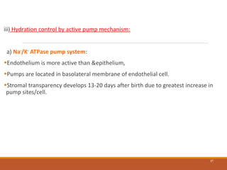 iii) Hydration control by active pump mechanism:
a) Na+
/K+
ATPase pump system:
•Endothelium is more active than &epithelium,
•Pumps are located in basolateral membrane of endothelial cell.
•Stromal transparency develops 13-20 days after birth due to greatest increase in
pump sites/cell.
37
 
