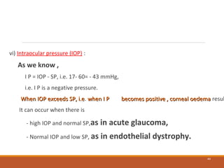 vi) Intraocular pressure (IOP) :
As we know ,
I P = IOP - SP, i.e. 17- 60= - 43 mmHg,
i.e. I P is a negative pressure.
When IOP exceeds SP, i.eWhen IOP exceeds SP, i.e. when I Pwhen I P becomes positive , corneal oedemabecomes positive , corneal oedema resul
It can occur when there is
- high IOP and normal SP,as in acute glaucoma,
- Normal IOP and low SP, as in endothelial dystrophy.
44
 