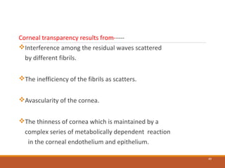 Corneal transparency results from-----
Interference among the residual waves scattered
by different fibrils.
The inefficiency of the fibrils as scatters.
Avascularity of the cornea.
The thinness of cornea which is maintained by a
complex series of metabolically dependent reaction
in the corneal endothelium and epithelium.
49
 