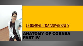 CORNEALTRANSPARENCY
ANATOMY OF CORNEA
PART IV
 