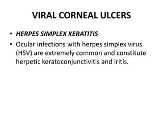 VIRAL CORNEAL ULCERS
• HERPES SIMPLEX KERATITIS
• Ocular infections with herpes simplex virus
(HSV) are extremely common and constitute
herpetic keratoconjunctivitis and iritis.
 
