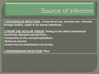 1 EXOGENOUS INFECTION:- Conjuctival sac, lacrimal sac, infected
foriegn bodies, water or air borne infections.
2 FROM THE OCULAR TISSUE: Owing to the direct anatomical
continuity diseases spread from...
•Conjuctiva to the corneal epithelium.
•Sclera to stroma
•Uveal tract to endothelium of cornea.
3 ENDOGENOUS INFECTION: Rare
 