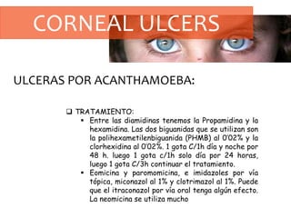 CORNEAL ULCERS
ULCERAS POR ACANTHAMOEBA:
 TRATAMIENTO:
 Entre las diamidinas tenemos la Propamidina y la
hexamidina. Las dos biguanidas que se utilizan son
la polihexametilenbiguanida (PHMB) al 0’02% y la
clorhexidina al 0’02%. 1 gota C/1h día y noche por
48 h. luego 1 gota c/1h solo día por 24 horas,
luego 1 gota C/3h continuar el tratamiento.
 Eomicina y paromomicina, e imidazoles por vía
tópica, miconazol al 1% y clotrimazol al 1%. Puede
que el itraconazol por vía oral tenga algún efecto.
La neomicina se utiliza mucho
 