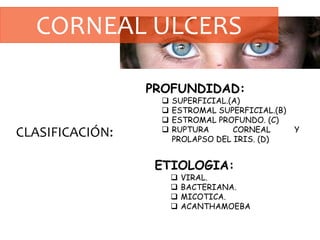 CORNEAL ULCERS
CLASIFICACIÓN:
ETIOLOGIA:
 VIRAL.
 BACTERIANA.
 MICOTICA.
 ACANTHAMOEBA
PROFUNDIDAD:
 SUPERFICIAL.(A)
 ESTROMAL SUPERFICIAL.(B)
 ESTROMAL PROFUNDO. (C)
 RUPTURA CORNEAL Y
PROLAPSO DEL IRIS. (D)
 