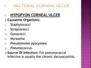 i. HYPOPYON CORNEAL ULCER
 Causative Organisms:
i. Staphylococci
ii. Streptococci
iii. Gonococci
iv. Moraxella
v. Pseudomonas pyocyanea
vi. Pneumococcus.
 Source Of Infection: For pneumococcal
infection is usually the chronic dacryocystitis.
 
