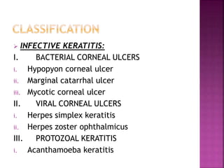  INFECTIVE KERATITIS:
I. BACTERIAL CORNEAL ULCERS
i. Hypopyon corneal ulcer
ii. Marginal catarrhal ulcer
iii. Mycotic corneal ulcer
II. VIRAL CORNEAL ULCERS
i. Herpes simplex keratitis
ii. Herpes zoster ophthalmicus
III. PROTOZOAL KERATITIS
i. Acanthamoeba keratitis
 
