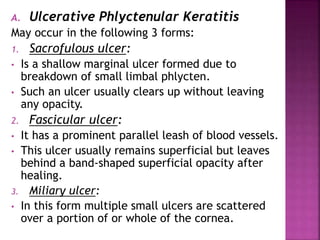 A. Ulcerative Phlyctenular Keratitis
May occur in the following 3 forms:
1. Sacrofulous ulcer:
• Is a shallow marginal ulcer formed due to
breakdown of small limbal phlycten.
• Such an ulcer usually clears up without leaving
any opacity.
2. Fascicular ulcer:
• It has a prominent parallel leash of blood vessels.
• This ulcer usually remains superficial but leaves
behind a band-shaped superficial opacity after
healing.
3. Miliary ulcer:
• In this form multiple small ulcers are scattered
over a portion of or whole of the cornea.
 