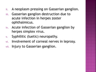 ii. A neoplasm pressing on Gasserian ganglion.
iii. Gasserian ganglion destruction due to
acute infection in herpes zoster
ophthalmicus.
iv. Acute infection of Gasserian ganglion by
herpes simplex virus.
v. Syphilitic (luetic) neuropathy.
vi. Involvement of corneal nerves in leprosy.
vii. Injury to Gasserian ganglion.
 