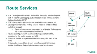 • PCF Developers can redirect application traffic to a desired request
path in order to use logging, authentication or rate limiting systems
that exist outside of PCF
• PCF’s Service API will introduce a new field: route_service_url
• Developers will create a routing service instance and bind it to a
route (not an app)
– Service Instance can be created by a Service Broker or can
be a user-provided service instance
• Router is configured with and forwards requests to the URL
contained in the route_service_url field
• The route service is expected to forward the request back to the
route
• Knowing the request has already been forwarded to the route
service, the Router forwards to the associated applications
Route Services
client
load
balancer
CF router
CF app
route
service
1
2
3
4
5
6
 