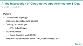 At the Intersection of Cloud-native App Architecture & Data
What is Cloud-native Data?
Patterns
• Data-services Topology
• Interfacing to existing data sources
• Caching, but rethought
• ETL, but rethought
• Micro-databases
• Event Sourcing (and CQRS)
• Personas - what happens to the DBA, Data Architect, etc.?
 