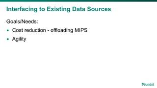 Interfacing to Existing Data Sources
Goals/Needs:
• Cost reduction - offloading MIPS
• Agility
 