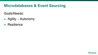 Microdatabases & Event Sourcing
Goals/Needs:
• Agility ∴ Autonomy
• Resilience
 
