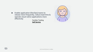 © 2021, Amazon Web Services, Inc. or its affiliates.
● Enable application (DevOps) teams to
release more frequently, reduce lead time &
operate cloud native applications more
effectively
Familiar Tooling
Self Service
 