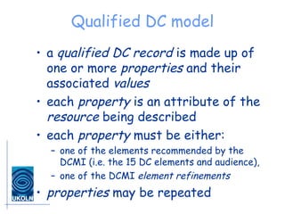 Qualified DC model a  qualified DC record  is made up of one or more  properties  and their associated  values   each  property  is an attribute of the  resource  being described  each  property  must be either:  one of the elements recommended by the DCMI (i.e. the 15 DC elements and audience),  one of the DCMI  element refinements properties  may be repeated 
