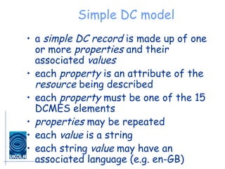 Simple DC model a  simple DC record  is made up of one or more  properties  and their associated  values   each  property  is an attribute of the  resource  being described  each  property  must be one of the 15 DCMES elements  properties  may be repeated  each  value  is a string  each string  value  may have an associated language (e.g. en-GB)  