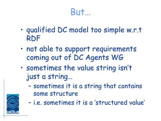 But… qualified DC model too simple w.r.t RDF not able to support requirements coming out of DC Agents WG sometimes the value string isn’t just a string… sometimes it is a string that contains some structure i.e. sometimes it is a ‘structured value’ 