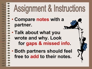 Compare   notes  with a partner.  Talk about what you  wrote and why. Look  for  gaps & missed info .  Both partners should feel free to  add  to their notes. Assignment & Instructions 