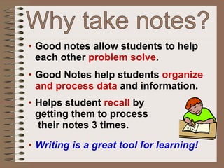 <ul><li>Good notes allow students to help each other  problem solve . </li></ul><ul><li>Good Notes help students  organize...