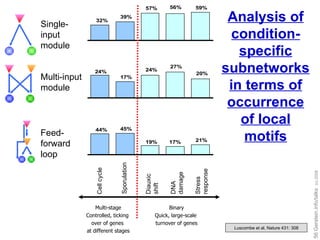 Analysis of condition-specific subnetworks in terms of occurrence of local motifs Luscombe et al. Nature 431: 308 Sporulation Cell cycle Diauxic  shift DNA damage Stress response Single-input module Multi-input module Feed-forward loop Binary Quick, large-scale  turnover of genes Multi-stage Controlled, ticking  over of genes  at different stages 