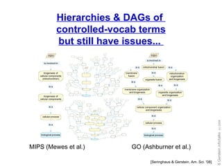 Hierarchies & DAGs of  controlled-vocab terms but still have issues...  [Seringhaus & Gerstein, Am. Sci. '08] GO (Ashburner et al.) MIPS (Mewes et al.) 