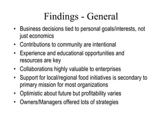 Findings - General Business decisions tied to personal goals/interests, not just economics Contributions to community are intentional Experience and educational opportunities and resources are key Collaborations highly valuable to enterprises Support for local/regional food initiatives is secondary to primary mission for most organizations Optimistic about future but profitability varies  Owners/Managers offered lots of strategies Lang, 2007 