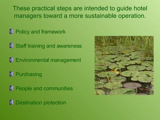 These practical steps are intended to guide hotel managers toward a more sustainable operation. Policy and framework Staff training and awareness Environmental management Purchasing People and communities Destination protection 