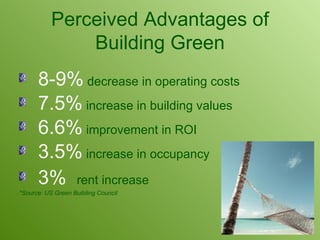 Perceived Advantages of Building Green 8-9%  decrease in operating costs 7.5%  increase in building values 6.6%  improvement in ROI 3.5%  increase in occupancy 3%   rent increase   *Source: US Green Building Council 