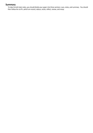 Cornell Style Notes Format