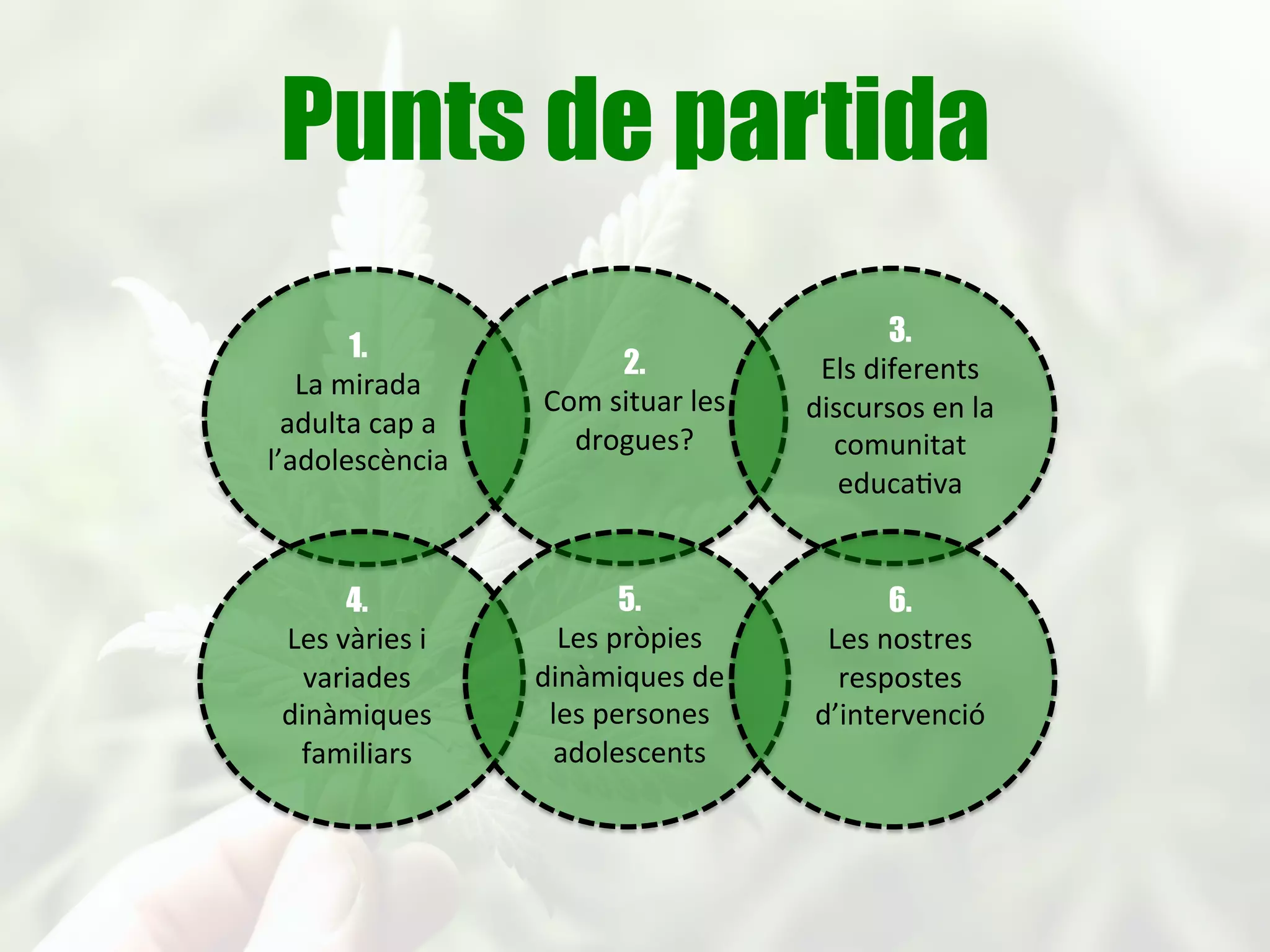 Algunes tensions
① ¿Consumim problemàticament perquè
estem malament o estem malament
perquè consumim problemàticament?
② L’origen dels problemes té focus diversos
③ Compte amb les simplificacions
complexes (Salut M.)
④ L’eqüació: malestars + consums + estils
de vida + ocupacions + etc.
	
  
 