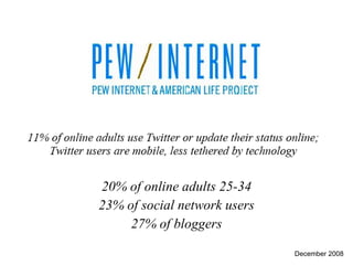 20% of online adults 25-34
23% of social network users
     27% of bloggers

                              December 2008
 