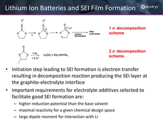 Lithium Ion Batteries and SEI Film Formation
1 e- decomposition
scheme

2 e- decomposition
scheme

• Initiation step leading to SEI formation is electron transfer
resulting in decomposition reaction producing the SEI layer at
the graphite-electrolyte interface
• Important requirements for electrolyte additives selected to
facilitate good SEI formation are:
– higher reduction potential than the base solvent
– maximal reactivity for a given chemical design space
– large dipole moment for interaction with Li

 
