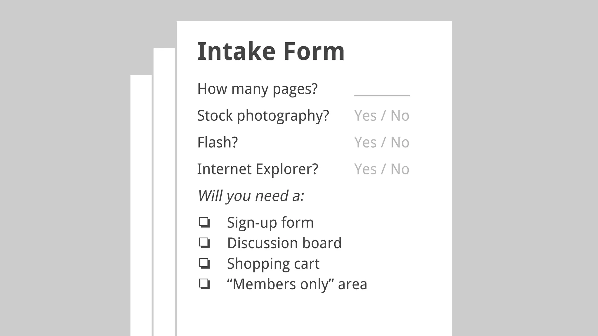 Intake Form
How many pages? _________
Stock photography? Yes / No
Flash? Yes / No
Internet Explorer? Yes / No
Will you need a:
❏ Sign-up form
❏ Discussion board
❏ Shopping cart
❏ “Members only” area
 