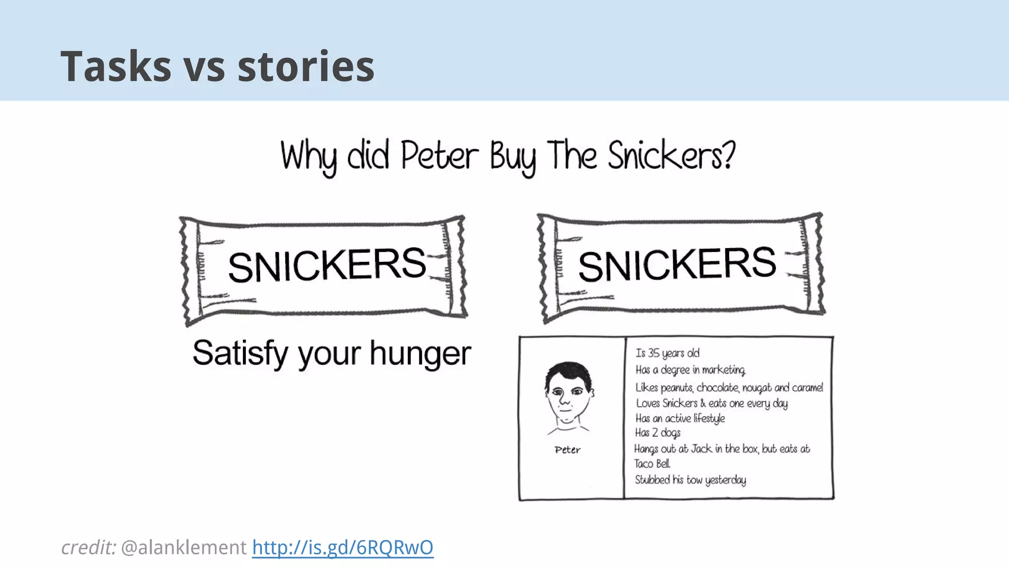 credit: @alanklement http://is.gd/6RQRwO
Tasks vs stories
 