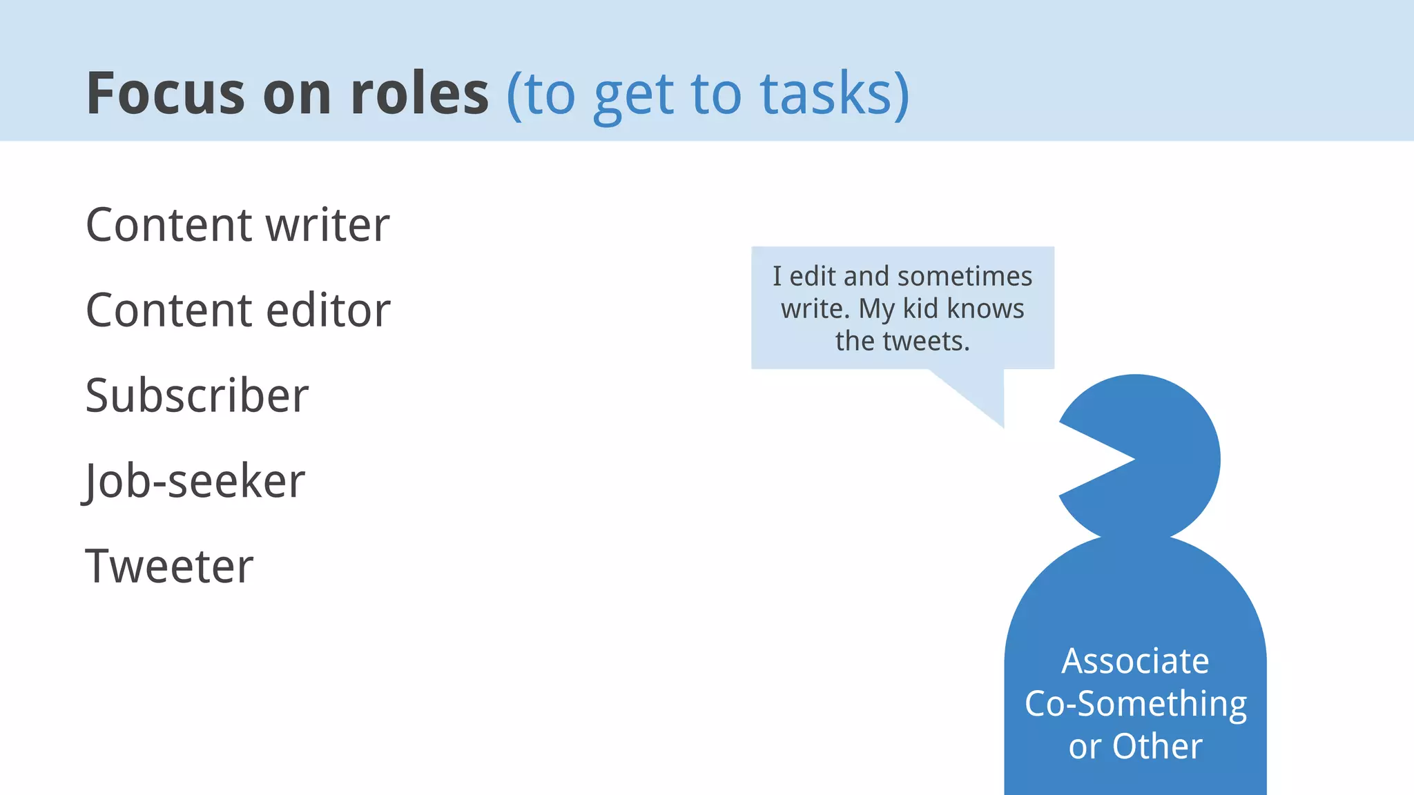Focus on roles (to get to tasks)
Content writer
Content editor
Subscriber
Job-seeker
Tweeter
Associate
Co-Something
or Other
I edit and sometimes
write. My kid knows
the tweets.
 