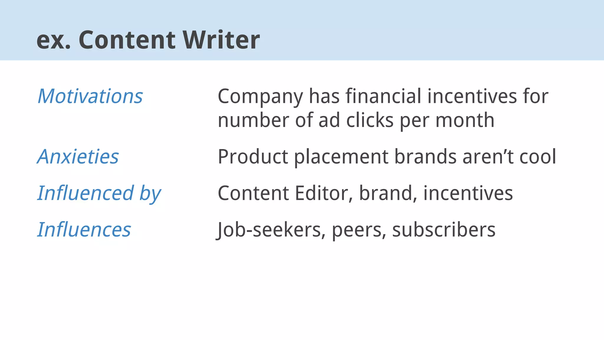 ex. Content Writer
Motivations Company has financial incentives for
number of ad clicks per month
Anxieties Product placement brands aren’t cool
Influenced by Content Editor, brand, incentives
Influences Job-seekers, peers, subscribers
 