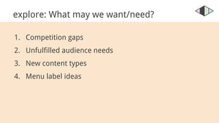 explore: What may we want/need?
1. Competition gaps
2. Unfulfilled audience needs
3. New content types
4. Menu label ideas
 