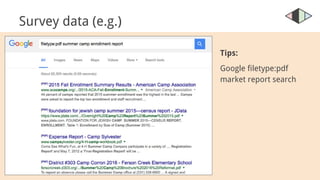 Survey data (e.g.)
Tips:
Google filetype:pdf
market report search
 