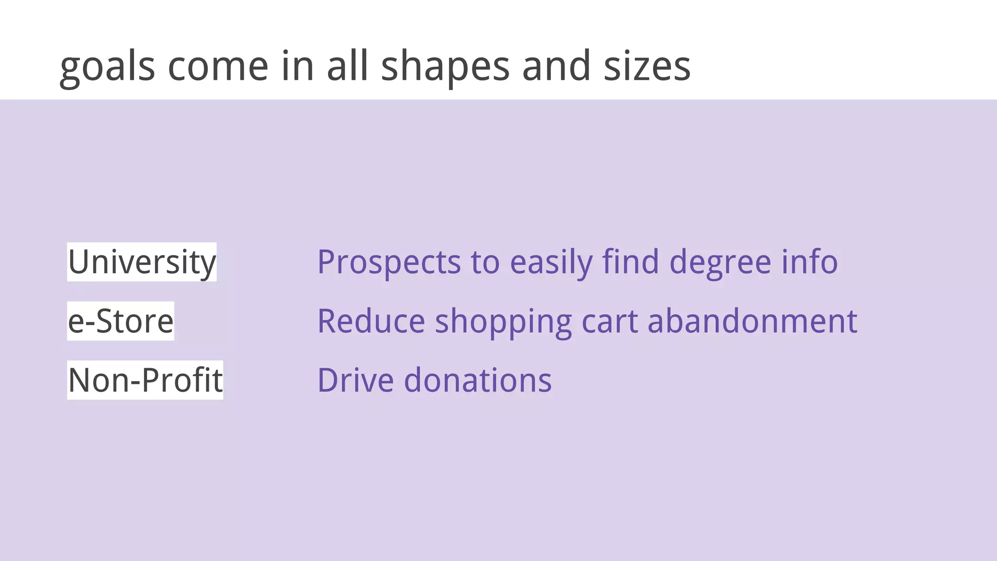 goals come in all shapes and sizes
University Prospects to easily find degree info
e-Store Reduce shopping cart abandonment
Non-Profit Drive donations
 