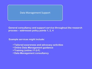 General consultancy and support service throughout the research
process – addresses policy points 1, 2, 4

Example services might include:
• Tailored awareness and advocacy activities
• Online Data Management guidance
• Training (online / F-2-F)
• Data Management consultancy

 