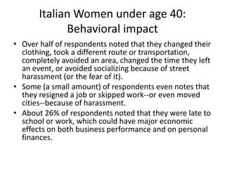 Italian Women under age 40:
Behavioral impact
• Over half of respondents noted that they changed their
clothing, took a different route or transportation,
completely avoided an area, changed the time they left
an event, or avoided socializing because of street
harassment (or the fear of it).
• Some (a small amount) of respondents even notes that
they resigned a job or skipped work--or even moved
cities--because of harassment.
• About 26% of respondents noted that they were late to
school or work, which could have major economic
effects on both business performance and on personal
finances.
 