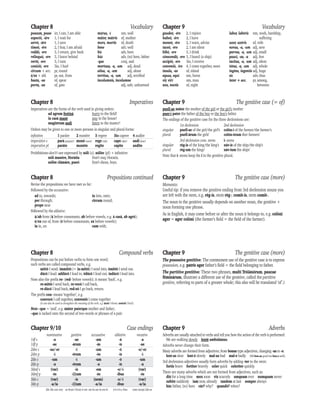 Chapter 8 Vocabulary
possum, posse irr, I can, I am able
expectö, -äre 1, I wait for
servö, -äre 1, I save
timeö, -ëre 2, I fear, I am afraid
reddö, -ere 3, I return, give back
relinquö, -ere 3, I leave behind
vertö, -ere 3, I turn
coniciö, -ere 3io, I hurl
circum + acc. pr, round
ë/ex + abl. pr, out, from
hasta, -ae nf, spear
porta, -ae nf, gate
mürus, -ï nm, wall
mäter, mätris nf, mother
mors, mortis nf, death
bene adv, well
hïc adv, here
hüc adv, (to) here, hither
-que conj, and
mortuus, -a, -um adj, dead
sölus, -a, -um adj, alone
territus, -a, -um adj, terrified
incolumnis, incolumne
adj, safe, unharmed
Chapter 9 Vocabulary
gaudeö, -ëre 2, I rejoice
habeö, -ëre 2, I have
moneö, -ëre 2, I warn, advise
taceö, -ëre 2, I am silent
bibö, -ere 3, I drink
cönscendö, -ere 3, I board (a ship)
accipiö, -ere 3io, I receive
conveniö, -ïre 4, I come together, meet
ïnsula, -ae nf, island
equus, equï nm, horse
vir, virï nm, man
nox, noctis nf, night
labor, laböris nm, work, hardship,
suffering
uxor, uxöris nf, wife
novus, -a, -um adj, new
parvus, -a, -um adj, small
paucï, -ae, -a adj, few
tacitus, -a, -um adj, silent
tötus, -a, -um adj, whole
ingëns, ingentis adj, huge
sïc adv, thus
inter + acc. pr, among,
between
Chapter 8 Imperatives
Imperatives are the forms of the verb used in giving orders:
ad agrum festïnä hurry to the field!
in casä manë stay in the house!
magistrum audï listen to the master!
Orders may be given to one or more persons in singular and plural forms:
infinitive 1 paräre 2 monëre 3 regere 3io capere 4 audïre
imperative s parä prepare! monë warn! rege rule! cape take! audï hear!
imperative pl paräte monëte regite capite audite
Prohibitions–don’t!–are expressed by nölï (s), nölïte (pl) + infinitive:
nölï manëre, Horätia Don’t stay, Horatia.
nölïte clämäre, puerï Don’t shout, boys.
Chapter 9 The genitive case (= of)
puell-ae mäter the mother of the girl or the girl’s mother
puer-ï pater the father of the boy or the boy’s father.
The endings of the genitive case for the three declensions are:
1st declension 2nd declension
singular puell-ae of the girl/the girl’s colön-ï of the farmer/the farmer’s
plural puell-ärum the girls’ colön-örum ther farmers’
3rd declension cons. stems i- stems
singular rëg-is of the king/the king’s näv-is of the ship/the ship’s
plural rëg-um the kings’ näv-ium the ships’
Note that i- stems keep the i in the genitive plural.
Chapter 8 Prepositions continued
Revise the prepositions we have met so far:
Followed by the accusative:
ad to, towards; in into, onto;
per through; circum round;
prope near
Followed by the ablative:
ä/ab from (ä before consonants, ab before vowels, e.g. ä casä, ab agrö);
ë/ex out of, from (ë before consonants, ex before vowels);
in in, on cum with;
Chapter 9 The genitive case (more)
Memento:
Useful tip: if you remove the genitive ending from 3rd declension nouns you
are left with the stem, e.g. rëg-is, stem rëg-; comit-is, stem comit-.
The noun in the genitive usually depends on another noun, the genitive +
noun forming one phrase.
As in English, it may come before or after the noun it belongs to, e.g. colönï
ager = ager colönï (the farmer’s field = the field of the farmer).
Chapter 8 Compound verbs
Prepositions can be put before verbs to form one word;
such verbs are called compound verbs, e.g.
mittö I send: immittö (= in-mittö) I send into; ëmittö I send out.
dücö I lead: addücö I lead to; ëdücö I lead out; indücö I lead into.
Note also the prefix re- (red- before vowels); it means ‘back’, e.g.
re-mittö I send back, re-vocö I call back,
re-dücö I lead back, red-eö I go back, return.
The prefix con- means ‘together’, e.g.
convocö I call together, conveniö I come together
(it can also be used to strengthen the meaning of the verb, e.g. iaciö I throw, coniciö I hurl).
Note –que = ‘and’, e.g. mäter paterque mother and father;
–que is tacked onto the second of two words or phrases of a pair:
Chapter 9 The genitive case (more)
The possessive gentitive: The commonest use of the genitive case is to express
possession, e.g. patris ager father’s field = the field belonging to father.
The partitive gentitive: These two phrases, multï Tröiänörum, paucae
fëminärum, illustrate a different use of the genitive, called the partitive
genitive, referring to parts of a greater whole; this also will be translated ‘of’.)
Chapter 9/10 Case endings
nominative genitive accusative ablative vocative
1df s -a -ae -am -ä -a
1df p -ae -ärum -äs -ïs -ae
2dm s -us/-er -ï -um -ö -e/-er
2dm p -ï -örum -ös -ïs -ï
2dn s -um -ï -um -ö -um
2dn p -a -örum -a -ïs -a
3dmf s (var) -is -em -e/-ï (var)
3dmf p -ës -(i)um -ës -ibus -ës
3dn s (var) -is (nom) -e/-ï (var)
3dn p -a/ia -(i)um -a/ia -ibus -a/ia
2ds 3ds can vary ae ärum ï örum is um am äs um ös em ës ä ïs ö ïs e ibus nom except 2ds-us
Chapter 9 Adverbs
Adverbs are usually attached to verbs and tell you how the action of the verb is performed:
We are walking slowly lentë ambulämus.
Adverbs never change their form.
Many adverbs are formed from adjectives; from bonus type adjectives, changing -us to -e:
lent-us slow lent-ë slowly mal-us bad mal-e badly (NB bon-us good but ben-e well).
3rd declension adjectives usually form adverbs by adding -ter to the stem:
fortis brave fortiter bravely celer quick celeriter quickly.
There are many adverbs which are not formed from adjectives, such as:
diü for a long time mox soon vix scarcely umquam ever numquam never
subitö suddenly iam now, already tandem at last semper always
hüc hither, (to) here cür? why? quandö? when?
 