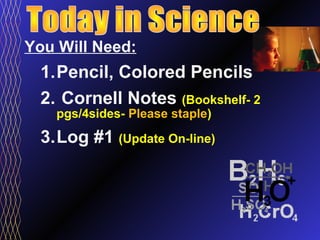 You Will Need:
  1.Pencil, Colored Pencils
  2. Cornell Notes (Bookshelf- 2
    pgs/4sides- Please staple)

  3.Log #1 (Update On-line)
 