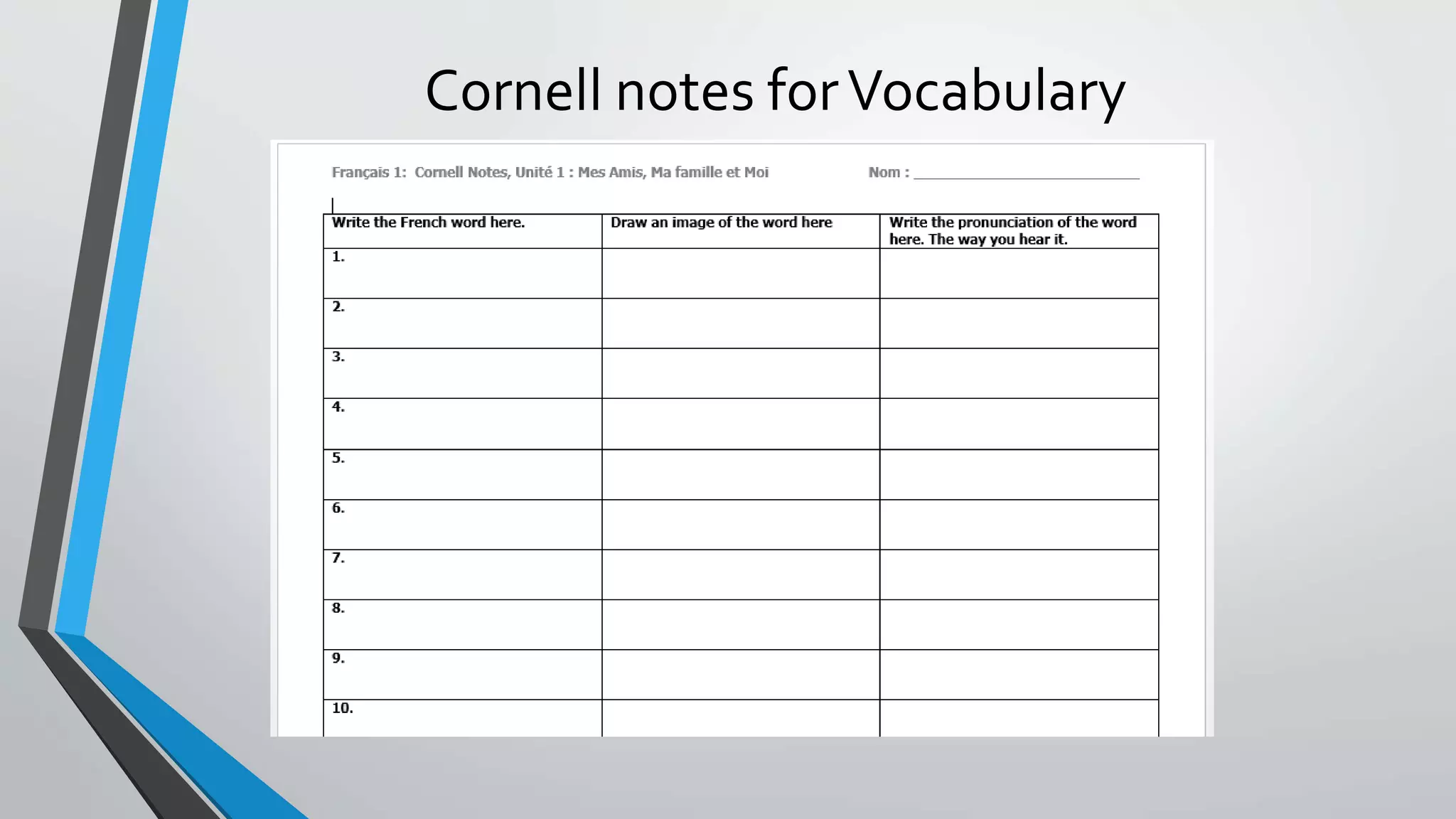 Cornell notes forVocabulary
 